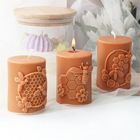 Bee Honeycomb Flower Cylinder Candle Mold, Honeybee Beehive Pillar Silicone Mold for Beeswax Candle, Soy Wax Candle, Plaster Ornament, DIY Crafts (B) in Saudi Arabia