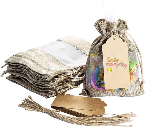 KUPOO 20PCS 3.5x5.5 Inches Clear Window Small Linen Burlap Sheer Organza Gift Bag for Wedding Party Favors Cosmetic Samples Goodies Mesh Pouch (Natural) in Kuwait