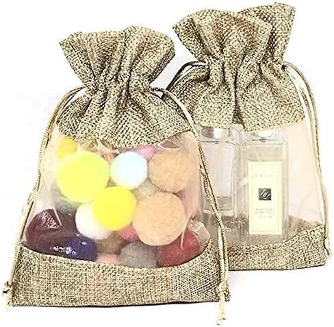 KUPOO 20PCS 3.5x5.5 Inches Clear Window Small Linen Burlap Sheer Organza Gift Bag for Wedding Party Favors Cosmetic Samples Goodies Mesh Pouch (Natural) in Kuwait