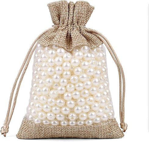 KUPOO 20PCS 3.5x5.5 Inches Clear Window Small Linen Burlap Sheer Organza Gift Bag for Wedding Party Favors Cosmetic Samples Goodies Mesh Pouch (Natural) in Kuwait