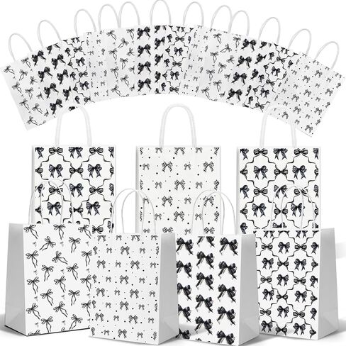 24 Pcs Black Bow Themed Party Favor Paper Bags,Black and White Birthday Decoration Bow Gift Treat Goodie Candy Bags with Handles for Birthday Bridal Engagement Bachelorette Baby Shower Party Supplies in Saudi Arabia
