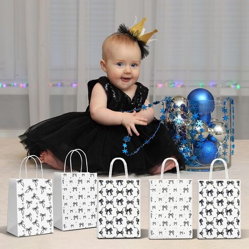 24 Pcs Black Bow Themed Party Favor Paper Bags,Black and White Birthday Decoration Bow Gift Treat Goodie Candy Bags with Handles for Birthday Bridal Engagement Bachelorette Baby Shower Party Supplies in Saudi Arabia