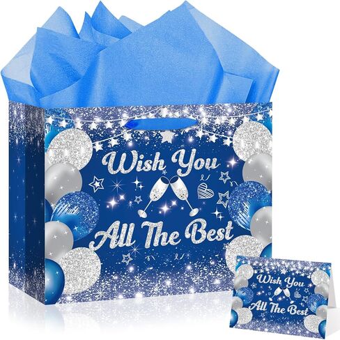 حقيبة هدايا كبيرة للتقاعد مع ورق لف الفضة الأزرق أتمنى لكم كل أفضل حقائب هدايا التقاعد السعيدة مع مقابض بطاقة تهنئة للرجال زملاء العمل وداعا يذهب بعيدا الحفلات اللوازم in Kuwait