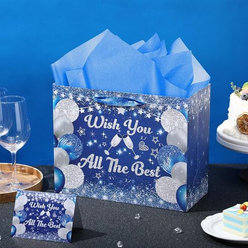 حقيبة هدايا كبيرة للتقاعد مع ورق لف الفضة الأزرق أتمنى لكم كل أفضل حقائب هدايا التقاعد السعيدة مع مقابض بطاقة تهنئة للرجال زملاء العمل وداعا يذهب بعيدا الحفلات اللوازم in Kuwait