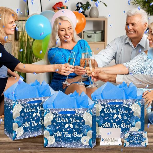 حقيبة هدايا كبيرة للتقاعد مع ورق لف الفضة الأزرق أتمنى لكم كل أفضل حقائب هدايا التقاعد السعيدة مع مقابض بطاقة تهنئة للرجال زملاء العمل وداعا يذهب بعيدا الحفلات اللوازم in Kuwait