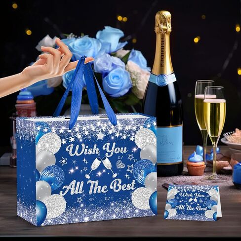 حقيبة هدايا كبيرة للتقاعد مع ورق لف الفضة الأزرق أتمنى لكم كل أفضل حقائب هدايا التقاعد السعيدة مع مقابض بطاقة تهنئة للرجال زملاء العمل وداعا يذهب بعيدا الحفلات اللوازم in Kuwait