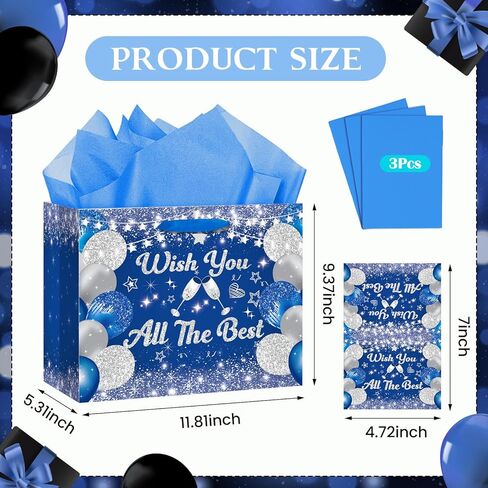 حقيبة هدايا كبيرة للتقاعد مع ورق لف الفضة الأزرق أتمنى لكم كل أفضل حقائب هدايا التقاعد السعيدة مع مقابض بطاقة تهنئة للرجال زملاء العمل وداعا يذهب بعيدا الحفلات اللوازم in Kuwait
