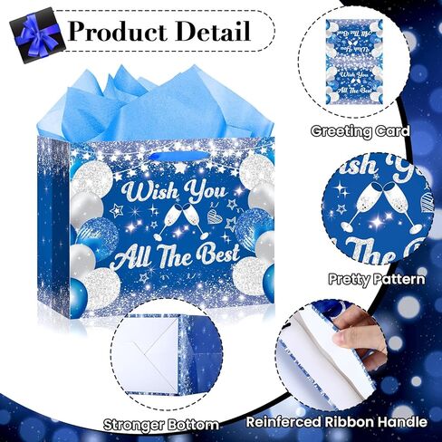 حقيبة هدايا كبيرة للتقاعد مع ورق لف الفضة الأزرق أتمنى لكم كل أفضل حقائب هدايا التقاعد السعيدة مع مقابض بطاقة تهنئة للرجال زملاء العمل وداعا يذهب بعيدا الحفلات اللوازم in Kuwait