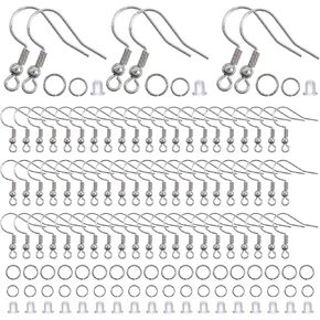 TOAOB 300pcs Stainless Steel Hypoallergenic Earring Hooks Silver Earring Making Kit with Jump Rings and Clear Silicone Earring Backs for DIY Jewelry Making