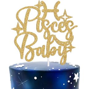 Pisces Baby Birthday Cake Topper - 12 Zodiac Pisces Season/Welcome Baby, Horoscope, Astrology Birthday/Baby Shower Party Decorations Supplies, Gold Glitter
