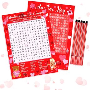 Capoda 41 PCS Valentine's Day Word Search Card Card Card Game Game's Day Game 30 Player و 1 Grown Cards with 10 Ambels for Valentines Home School Sciaper -Sister Favors Party Party
