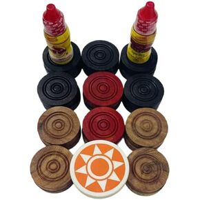 Professional Carrom Board Game Junior Wooden 6mm Coins, Set of 24 Coins with 1 Striker & 2 Disco Carrom Powder Included