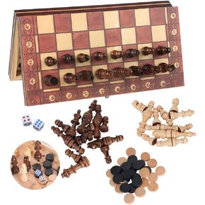 3-in-1 Chess Backgammon Checkers Set 11 inch Wooden Chess Checkers Board Game with Folding Carrying Case Travel Chess Set for Adults