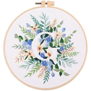 Embroidery Starter Kit for Beginners, Stamped Cross Stitch Kit with Letter Pattern, DIY Embroidery Kit with Embroidery Cloth Hoops Instructions Needles Threads S One Size
