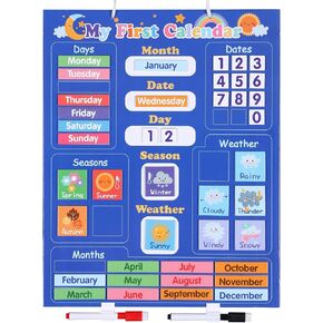 Classroom Calendar Chart, 16" X 13" Magnetic Calendar for Kids, Preschool Learning Toys, Homeschool Supplies, Hang on Wall or Fridge with 41 Magnetic Blocks, 2 Pens, 1 Lanyard