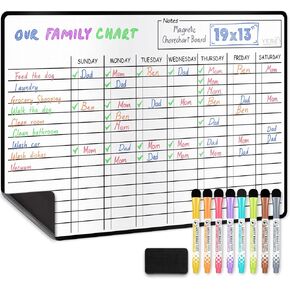 Yes4Quality Magnetic Dry Erase Chore Chart (19" x 13"), Behavior Chart for Multiple Kids, Family Weekly Chores Checklist w/Meal Planner, Stain Resistant Board for Fridge W/ 5 Colorful Markers