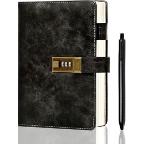 CAGIE Journal with Lock for Men Refillable 192 Lined Pages Locked Journal with Pen A5 Diary with Lock for Writing Travel Gift, 5.7x 8.5 Inches, Black