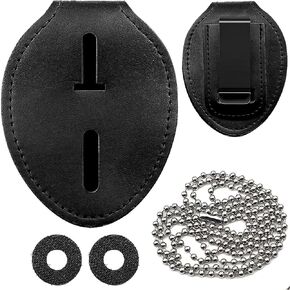 Police Badge Holder, Law Enforcement Leather Badge Holder, Made of Cowhide, Black Universal Badge Belt Clip Holder Include Metal Clip and Chain