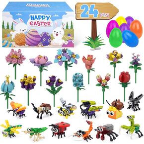 Prefilled Easter Eggs with Toys,24 Pack Block Flowers Animals Sets,Easter Basket Stuffers for Easter Egg Hunt Party Supplies Favors, Easter Gift for Kids Classroom Exchange