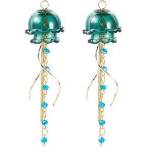 PH PandaHall 2Pcs Dark Green Jellyfish Glass Pendants, Drop Earrings, Ocean Theme Charms, Hanging Decoration for Jewelry Making, Christmas Party Home Decor