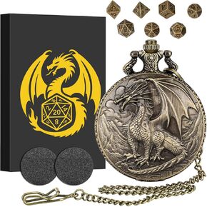 Mini DND Dice Set with Steampunk Dragon Pocket Watch Case, Tiny 7-Piece Polyhedral Metal D&D Dice, DND Gifts with Gift Box for DND Lovers, Role Playing Game Board Game Accessories Dice, Bronze