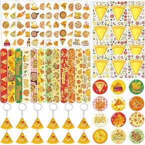 60 Pcs Pizza Party Favors Set Temporary Tattoos, Slap Bracelets, Keychains, Badges and Stickers for Pizza Themed Birthday Parties