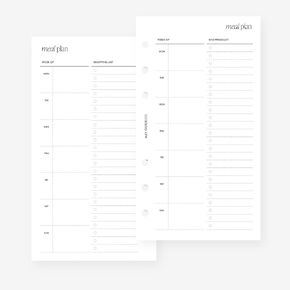 Personal Meal Plan Planner Insert Agenda Refill for Filofax Personal, LV MM sized 6 ring agendas, 3.75 x 6.75