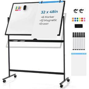 Giantex Double-Sided Magnetic Dry Erase Mobile Whiteboard, 48 x 32 Inches Adjustable-Height Reversible Whiteboard with 1 Flip Chart, 6 Markers, 12 Magnets, 1 Eraser, Free-Standing Rolling Whiteboard
