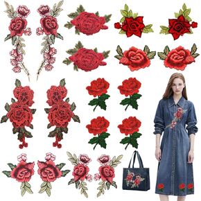 18 Pcs Red Rose Embroidered Patches Large Flower Applique Patches Red Floral Sew On Patches for Clothing Dress Hats Jeans Jacket Bags Backpacks DIY Crafts Making Appliques Embellishments (Need to sew)