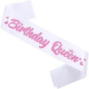 ‘Birthday Queen' Birthday Sash White with Glitter Pink Letters-Birthday Sash for Women,21st 30th 40th 50th Birthday Sash