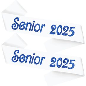 Senior 2025 Sash, Class of 2025 Senior Sash White Sash with Blue Glitter Finally Graduated Cheerleader Graduation Sash for Graduation Party Supplies 2 Pack Senior Sashes White Blue 2pcs