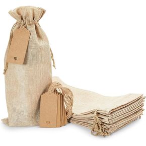 Sparkle and Bash 12 Pack Burlap Wine Bottle Gift Bags, Brown Reusable Drawstring Covers with Tags for Holiday, Birthday & House Warming, 14 x 6 in
