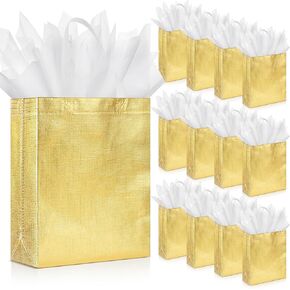 Sweetude 50 Pcs Reusable Gift Bags with Handles Grocery Gift Bags with Tissue Paper Glitter Shopping Bags for Present Birthday Wedding Party(Gold, 8 x 4 x 10 Inch)
