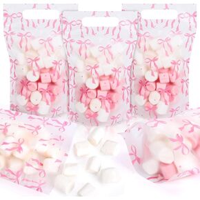 FYSUIMU 50Pcs Pink Bow Clear Zip Lock Bags Coquette Bowknot Plastic Sealing Bags with Handle Cute Resealable Goodie Gift Bags for Birthday Baby Shower Party Supplies