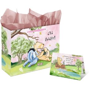 1PCS Winnie Baby Shower Decorations, the Pooh Gift Bag with Double-sided Card and Tissue Paper, Winnie Quotes Pink Gift Bags with Handle for Baby Shower, Baby Shower Party Decor Supplies(13 inch)