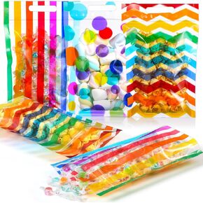 Pasimy 60 Pcs Rainbow Plastic Candy Bags Polka Dot Stripes Printed Treat Goodie Gift Bags with Handle for Wedding Baby Shower Birthday Party Favor Supplies, 6 Design