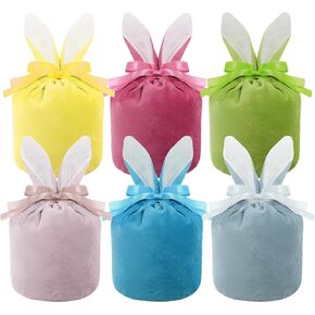 Rthjsfj 6Pcs Small Easter Drawstring Gift Bags, Reusable Bunny Rabbit Ear Velvet Bags for Candy Treat Goodies Jewelry, Holiday Party Favors Supplies (6 Color)