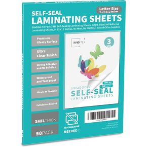 Binditek 50 Pack Self-Adhesive Laminating Sheets, 9.25 x 12 Inches Laminating Sheets for Letter Size, No Machine Needed, Clear, Glossy Finish, 3 Mil Thick