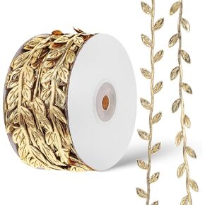 NUOBESTY Gold Leaves Leaf Ribbon Trim Fabric Leaves Vine Ribbon Trim Glitter Artificial Leaves Vine Trim DIY Craft Garland Party Decoration Present Wrapping 30