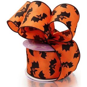 2 1/2" X10 Yards Orange Bats Halloween Satin Wired Ribbon