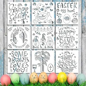 Hype 9pcs stency كبيرة عيد الفصح للطلاء على نسيج الجدار الخشبي ، والأرانب البيض الربيعي عبور قوالب الاستنسل in Kuwait