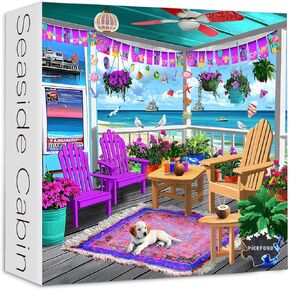 PICKFORU Beach Puzzles for Adults 1000 Pieces, Colorful Seaside Puzzle Beach Chair Flower, Impossible Holiday Puzzles as Wall Art