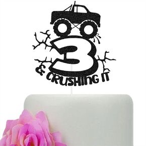 Monster Truck Crushing It Theme Birthday Cake Topper, Three Birthday Party Decorations, Monster Truck Racing Boys 3rd Birthday Cake Decors Black Glitter
