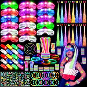 Glow in the Dark Party Supplies Favors - Glow Party Accessories include 100 Glow Sticks, 16 LED Light Hairs, 16 LED Finger Lights, 16 LED Glasses, 16 Glow Temporary Tattoos