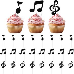 24 PCS Music Cupcake Toppers ، Black Glitter Music Notes Cupcake Topcake Music Notes Decorations Decorations Musical Symbromic Cupcake for Rock Music Topper for Baby Shower Concert Music Oper