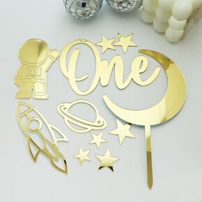 Acrylic Gold Space Theme One Birthday Cake Topper, 11 PCS Astronaut, Moon, Stars, Rocket Planets Baby 1st Birthday Cake Decoration, First Birthday One Year Birthday Party Decoration Supplies