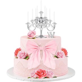 10pcs Candlestick Coquette Cake Topper Set Mini Plastic Candle Holder Stand Silver Candelabra Cake Decoration أقواس لتزيين حفل زفاف حفلة عيد ميلاد (وردي)