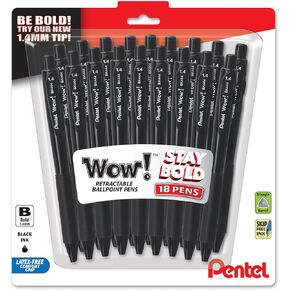 Pentel Wow! Retractable Ballpoint Pen, (1.4mm), Bold Line, Assorted Ink Colors, Pack of 18 (BK444BP18M)