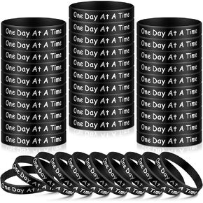 Vinsot 48 Pcs One Day at a Time Motivational Wristbands Silicone Black Inspirational Bracelets Sobriety Gifts for Addiction Recovery Sober Anniversary Alcoholics Anonymous Men and Women