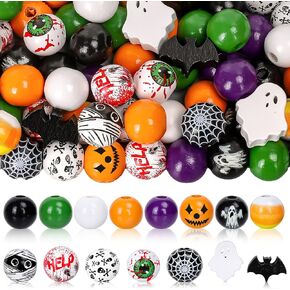 Whaline 200Pcs Halloween Wooden Beads 15 Styles Assorted Pattern Decorative Wood Beads Multi-Color Round Loose Beads for Tiered Tray Farmhouse Decor DIY Crafts